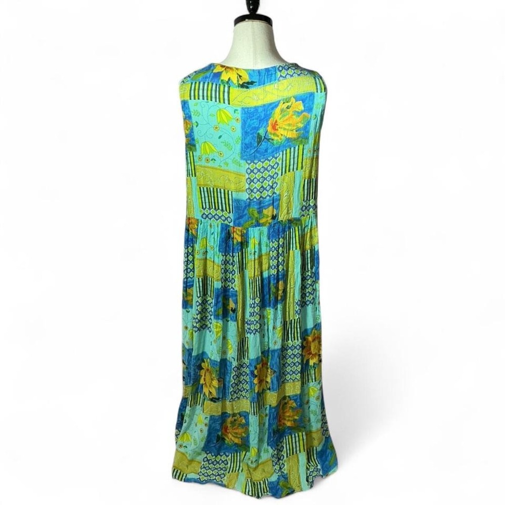 Bila Boho Floral Patchwork Maxi Dress Womens L Blue Green Sunflower V-Neck Rayon - Picture 2 of 5